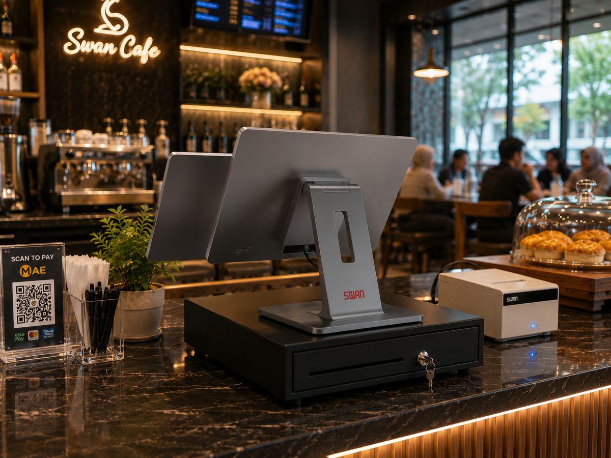 Terminal DynoPOS single screen dengan cash drawer di kaunter cafe