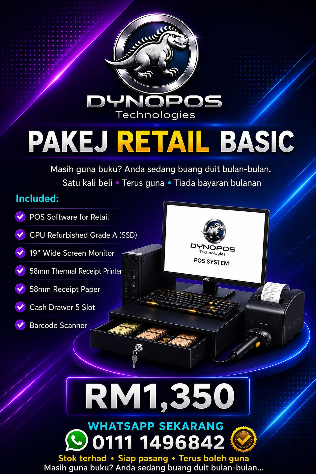 Set Pakej Retail Basic DynoPOS — monitor, printer resit, cash drawer, barcode scanner