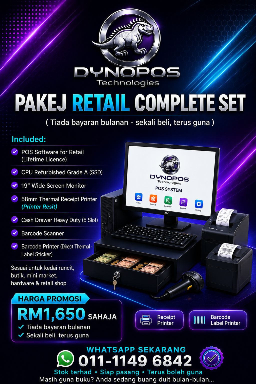 Set Pakej Retail Complete DynoPOS — lengkap dengan barcode printer